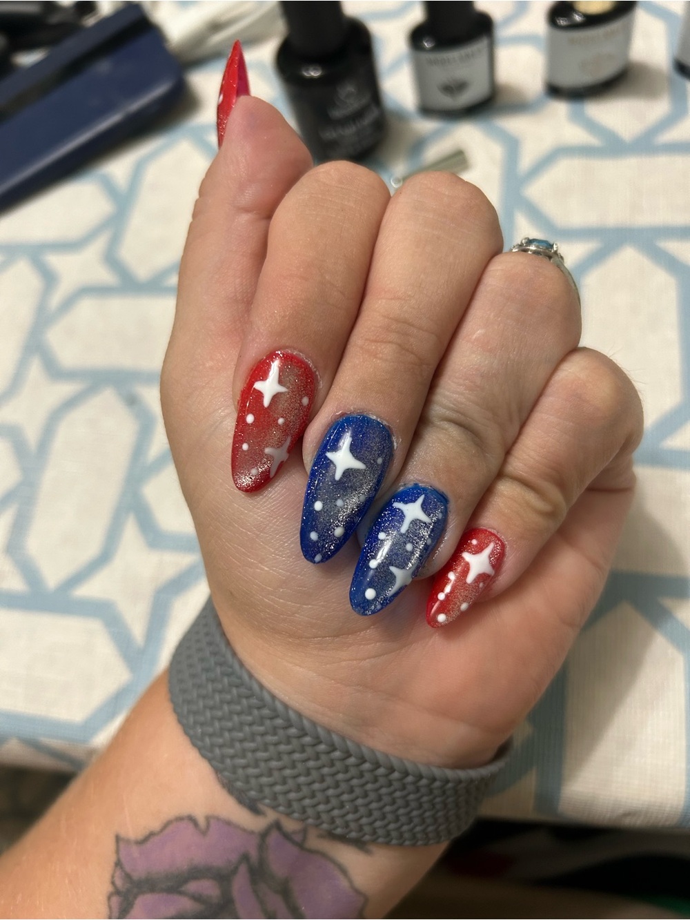 Patriotic Red & Blue Star Nail Art